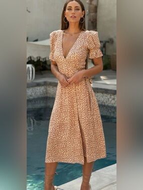 Seven Wonders Floral Wrap Midi Dress Boho Cottagecore Puff Sleeve M